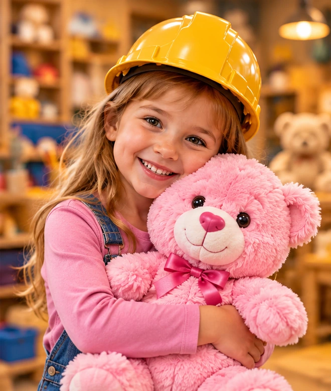 Girl hugging a pink bear