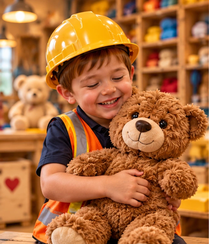A smiling young builder hugging his teddy bear